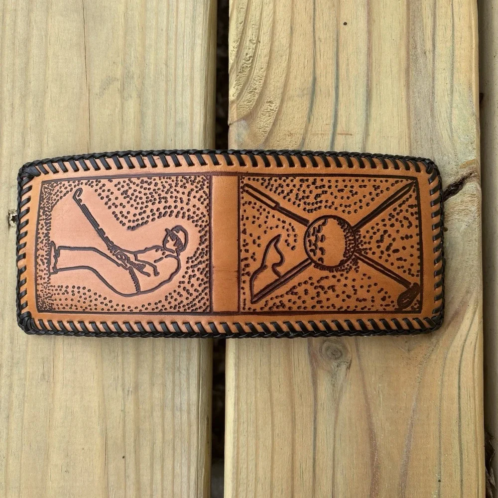 Vintage BiFold Leather Wallet Golfing Sports Hand Tooled Handmade Whipstitch USA